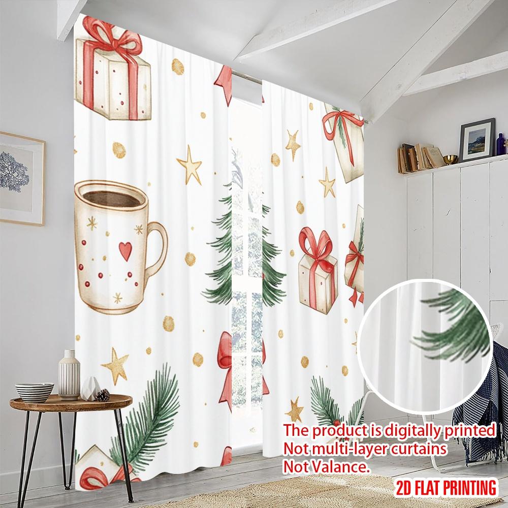 2pcs,2D Plane Printing Curtain Fabric Christmas Tree Bow Gift Snowflakes (2) Versatile Polyester Fabric (without Rod)
