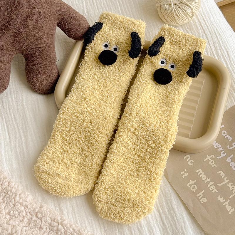 Women's Winter Coral Fleece Socks - Cute Cartoon Puppy, Thick, Warm, Mid-Calf Home & Sleep Socks