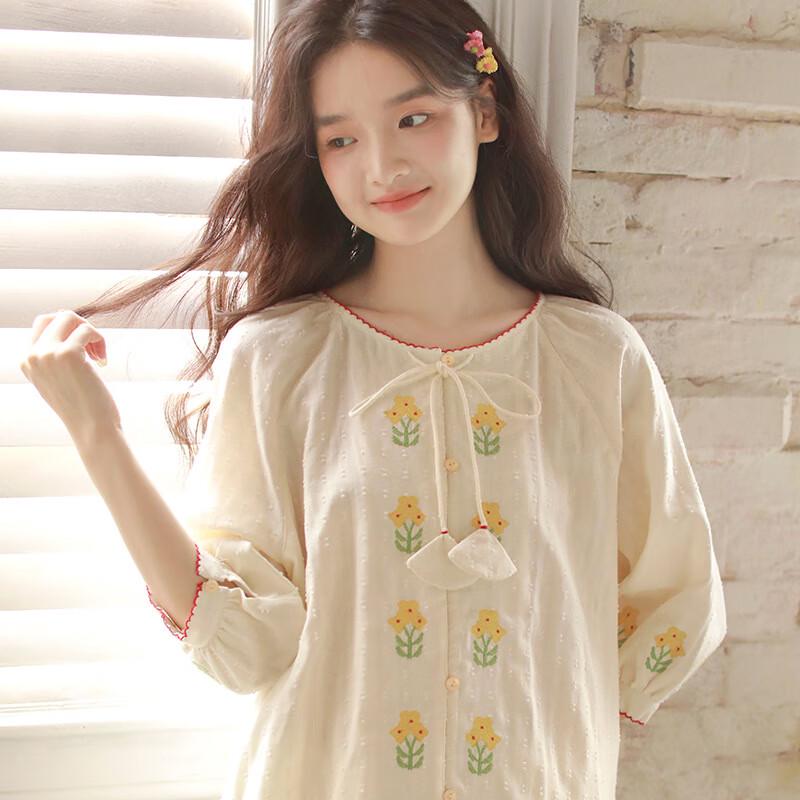

Women s Embroidered Lapel Cotton Gauze Loungewear Set