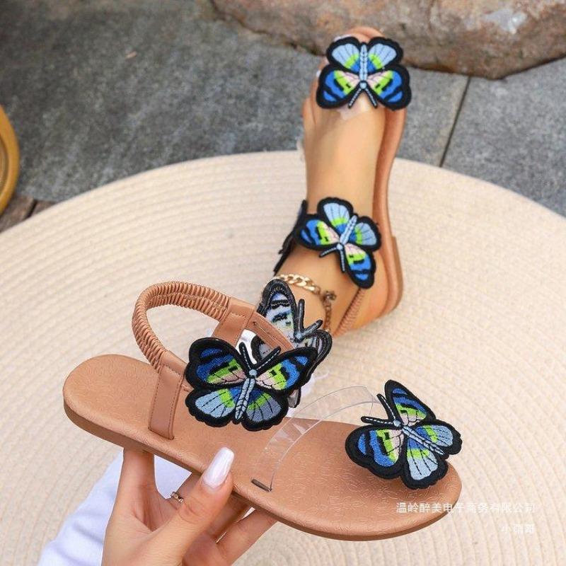 Summer New Bohemian Flat Slippers Wearing Ethnic Style Butterfly Toe Beach Sandals for Women Size 43