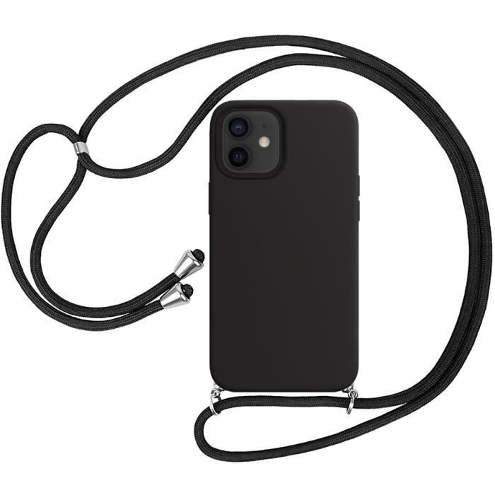 Coque avec bandoulière réglable - iPhone 12 - Noir - Silicone souple - Anti-choc - Finition matte