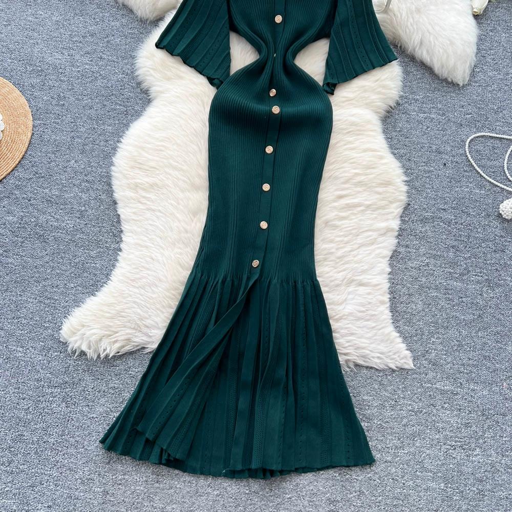 Sommer Damer Elegant V-hals Enkeltspent Strikket Futteral Genser Lang Maxi Fishtail Kjoler