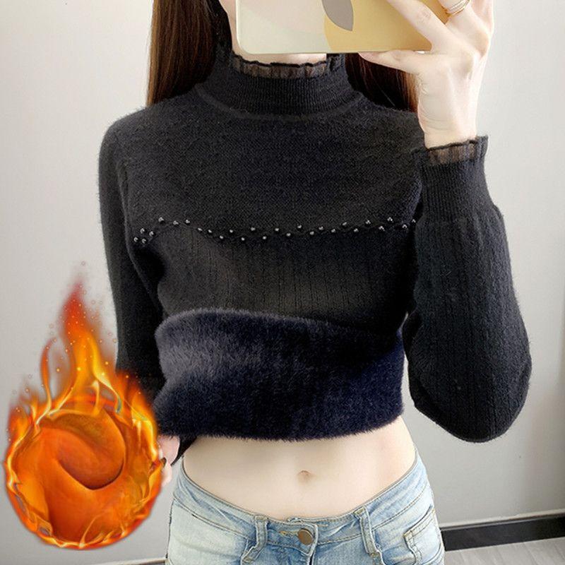 

Осенне-зимняя кружевная цельная рубашка из бархата с полувысоким воротником. Модный и модный шерстяной свитер с толстой вязкой. S