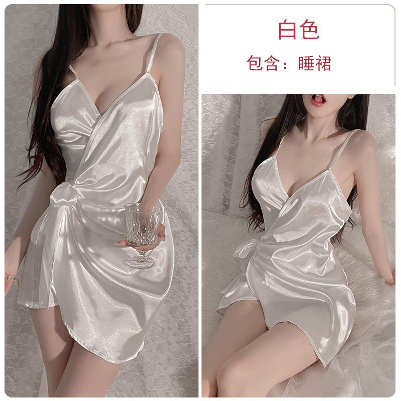 Sexy deep V-fold side strap open placket hip wrap solid color ice silk women's suspender home nightdress