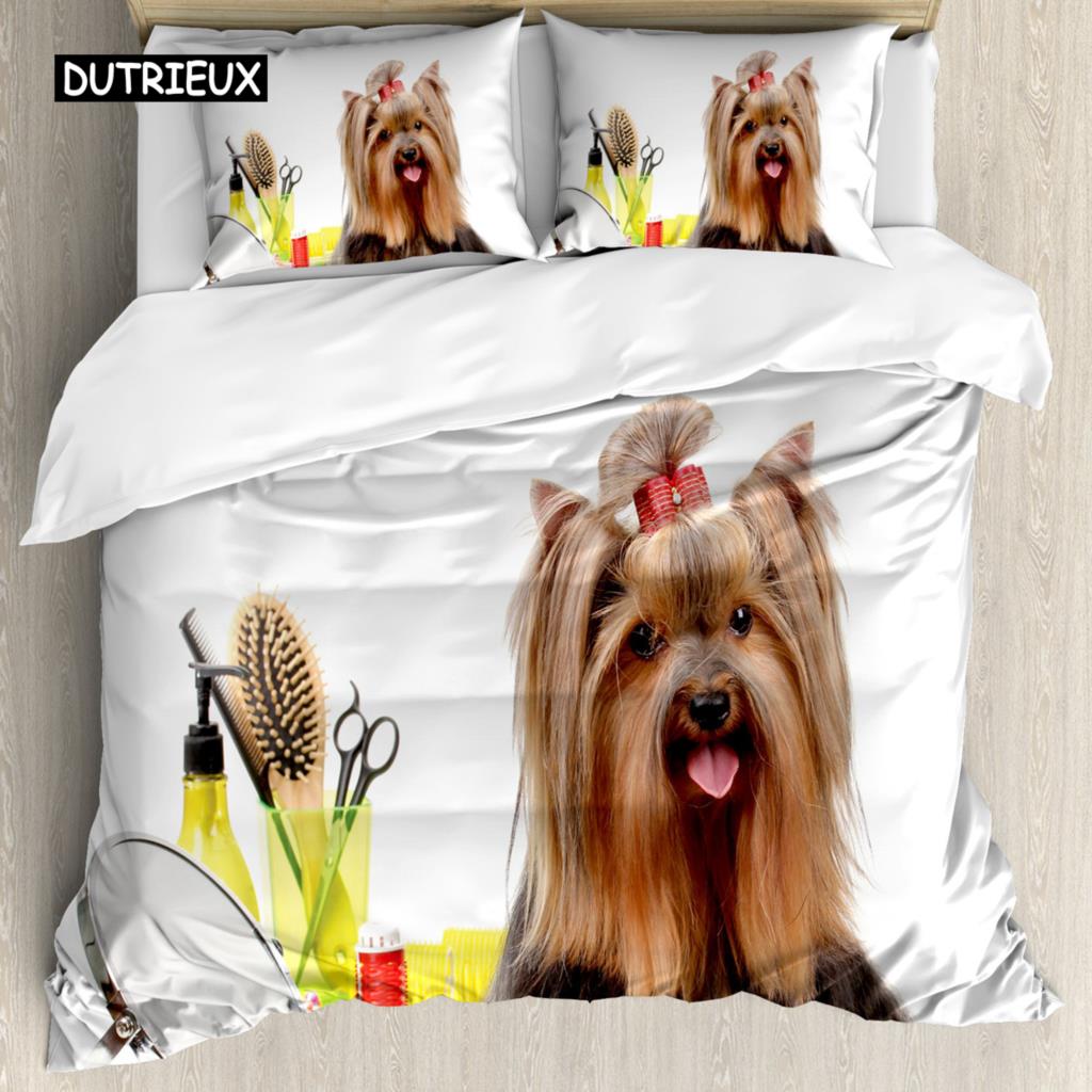 Yorkie Sada povlečení Pes se sluchátky Hudba 3dílná ložní souprava pro děti Dívky Chlapce King Size Štěněcí motiv Měkký povlak na přikrývku