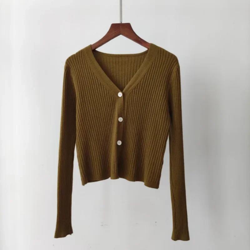 

Осенний офисный вязаный свитер с v-образным вырезом, повседневный кардиган с длинными рукавами, элегантный однотонный свитер на пуговицах, пальто, зимняя одежда 29624 One Size тигровый