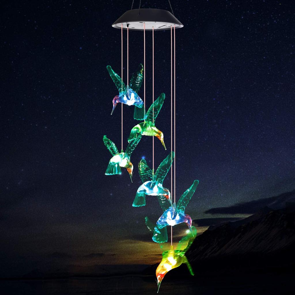 1PC Colorful Gradient Garden LED Wind Chimes Decorated Solar Hummingbird Landscape Garden Lights Decorated Atmosphere