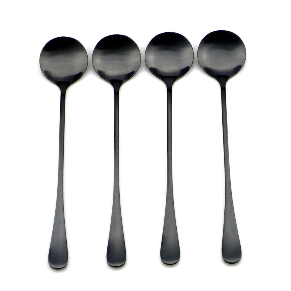 4/8pcs Cute Matte Black Teaspoons Coffee Soup Round Long Handle Scoops 18/0 Stainless Steel Dinner Set Ice Cream Cocktail TableSpoons
