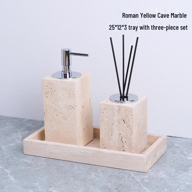 Badezimmerset aus gelbem Marmor im chinesischen Stil: Tablett, Aromatherapie-Ornament, Handseifenspender & Taschentuchbox.