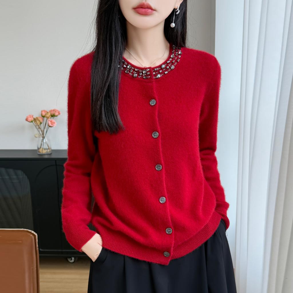 Women Autumn Winter Knit Cardigan Retro Fair Isle Pattern Round Neck Long Sleeve Loose Wool Blend Sweater Coat Casual Outerwear