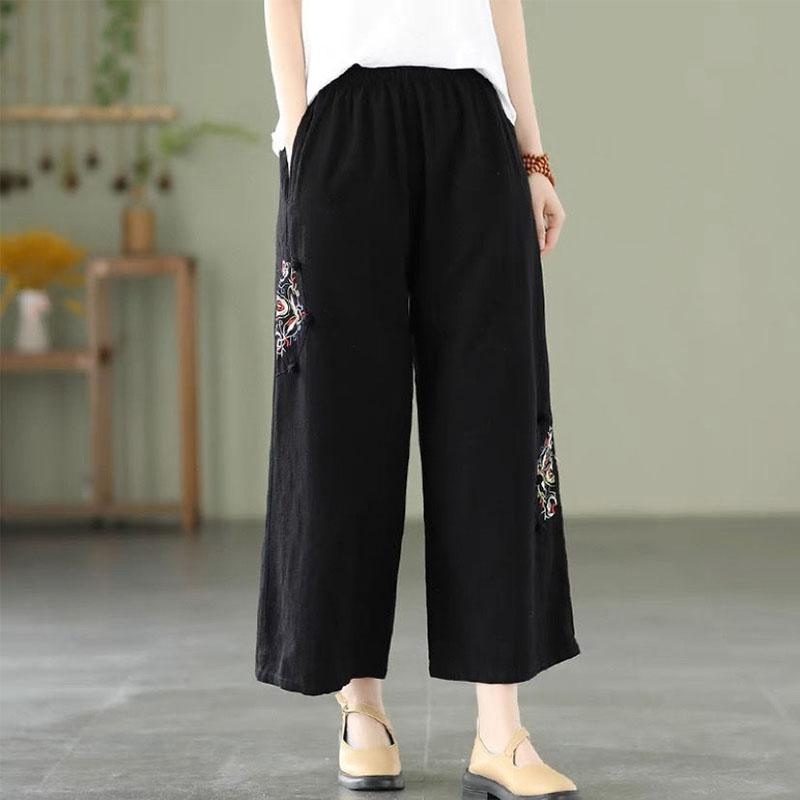 Fashion Women Embroidery High Waist Oversized Pants Summer Cotton Hemp Thin Elastic Band Loose Wide Leg Casual Straight Trousers