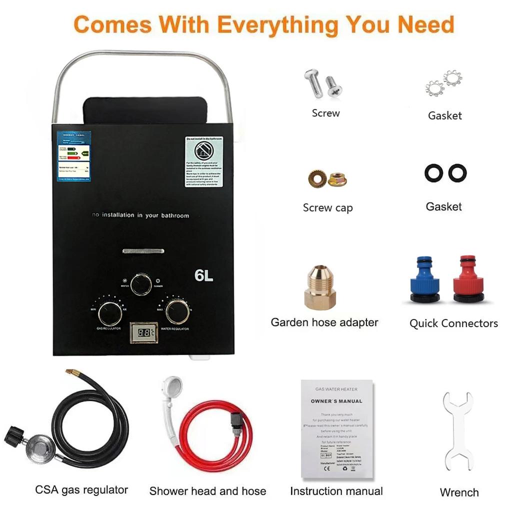 LPG Propane Gas Tankless Water Heater 6L Outdoor Camping Instant Heating Bath With Shower Head Hot Water Heater Car Truck Tent