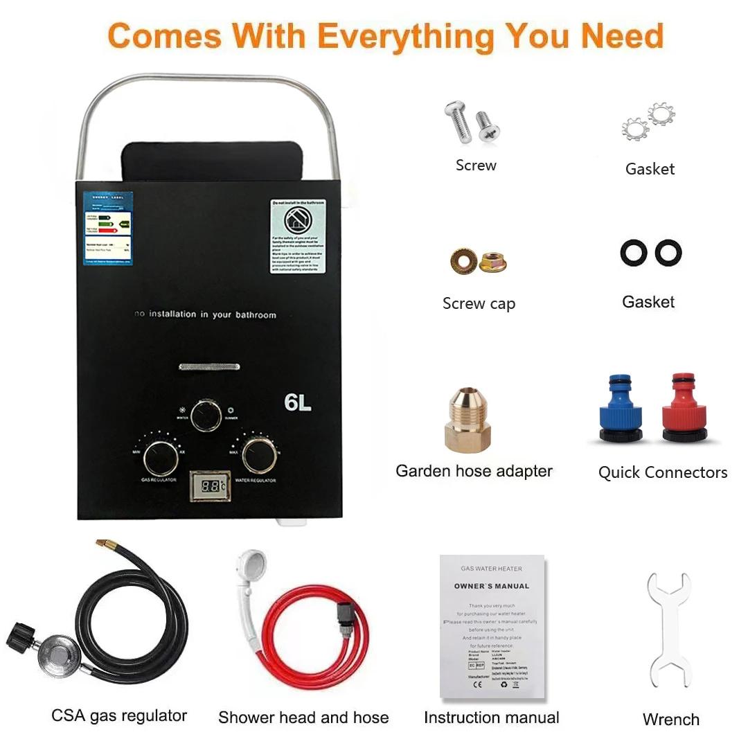 

Проточный водонагреватель на сжиженном газе (пропане) 6 л для улицы, кемпинга, мгновенного нагрева, для ванны с душевой лейкой, водонагреватель, для автомобиля, грузовика, палатки чёрный