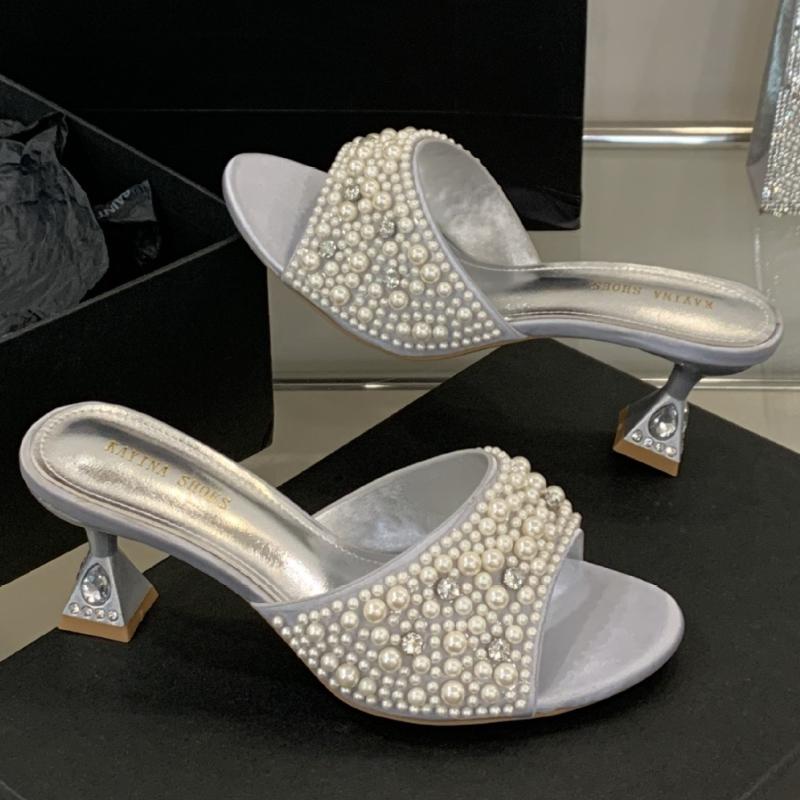 

Fashion Luxury String Bead Crystal Embellish Women Slippers Elegant Open Toe Brand Slide Sandals Fashion Comfort Round Toe Designer Shoe 41 серебряный