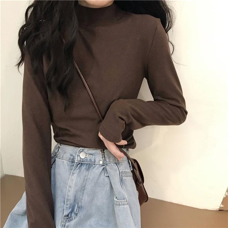 Thickened Shoulder Half-High Collar Slim Fit Warm Women's Long Sleeve T-Shirt - Autumn/Winter Fashion.