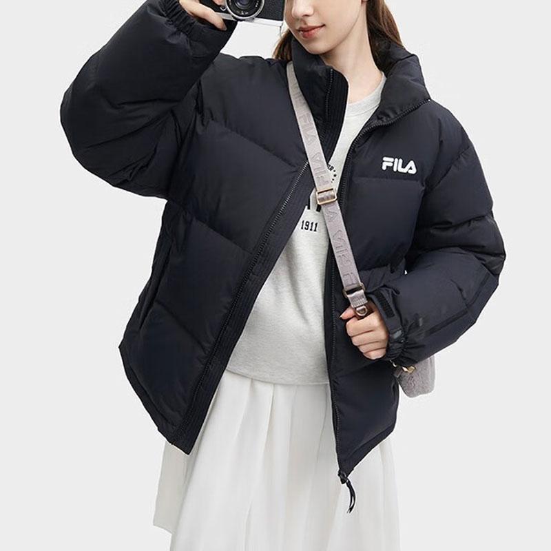 FILA Letter Logo Printed Lined Loose Thick Warm Jacket Down Coat Unisex jackets Black F51U349901F-BK