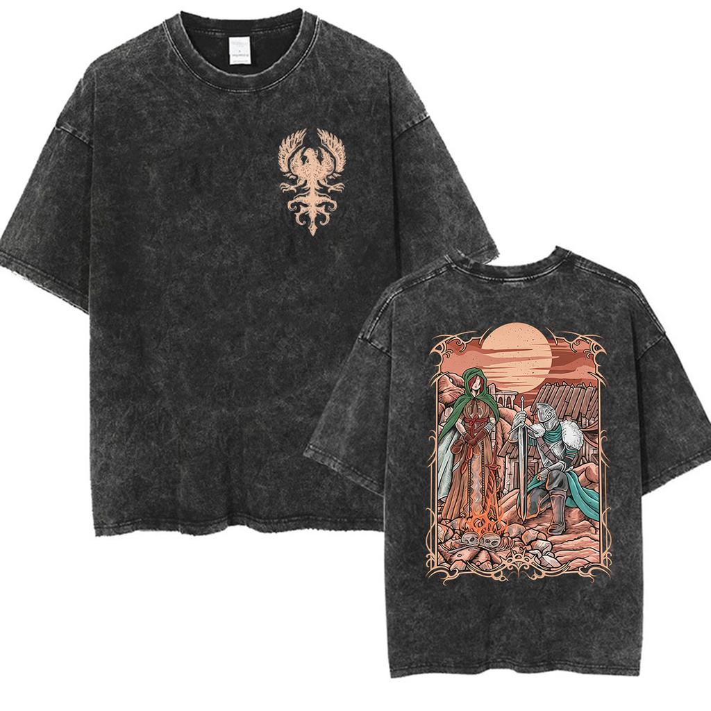 Vintage Washed Dark Souls 3 Hot Game Graphic T Shirt Mens Women Classic Player Fashion Cotton Short Sleeve Tshirts Streetwear
