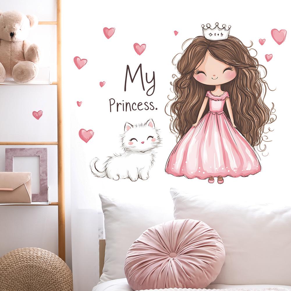 Prinses Katje met Hart Muursticker Dromerig Zoet Zelfklevende Decoratie voor Kinderkamer Woonkamer Kinderkamer Muurkunst