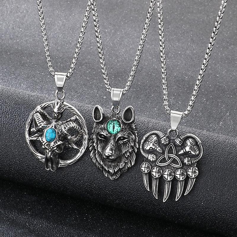 Vintage Turquoise Pentagram Satan Ram Accessories, Viking Bear Claw Cat'S Eye Stone Wolf Head Titanium Steel Men'S Pendant