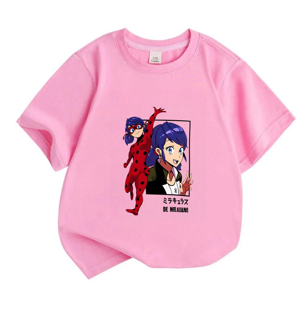 Kids Boys Girls 100% Cotton Crew Neck Short Sleeve T-Shirt, Cute Cartoon Ladybug Anime Character Print Casual Soft Tees for Daily Wear Outing Gift for