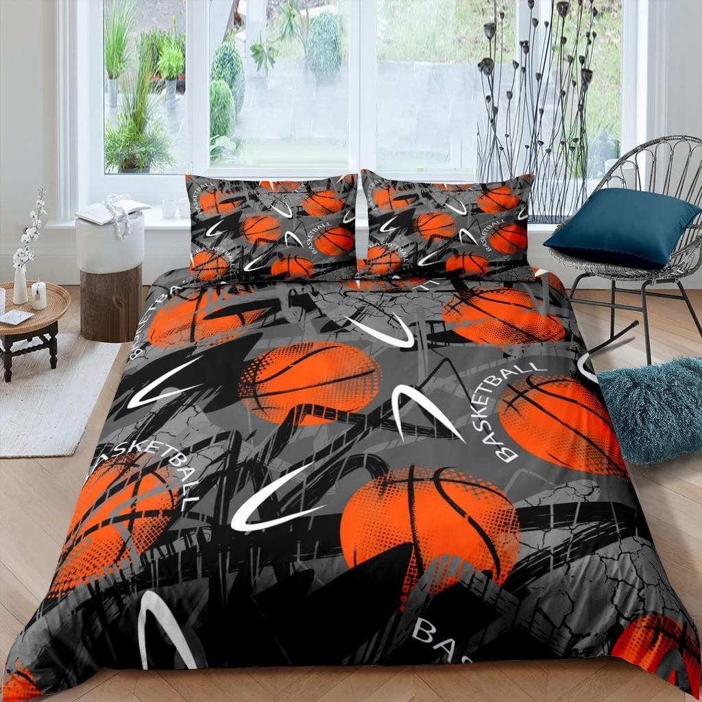 Set Copripiumino Basket Nero Tema Sport di Palla 3D Set Biancheria da Letto Microfibra Campo da Basket Giochi Competitivi Copripiumino King