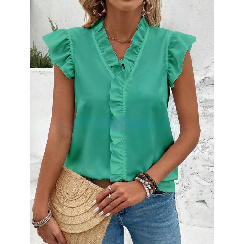 YYFS Women's Fashion Casual Summer Spring Solid Color Print Short Sleeve V-Neck Blouses & Shirts