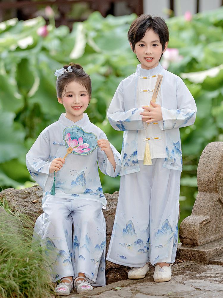 Kids' Chinese Hanfu Costume: Boys' Spring/Summer Long-Sleeve & Girls' Tang Suit Performance Set