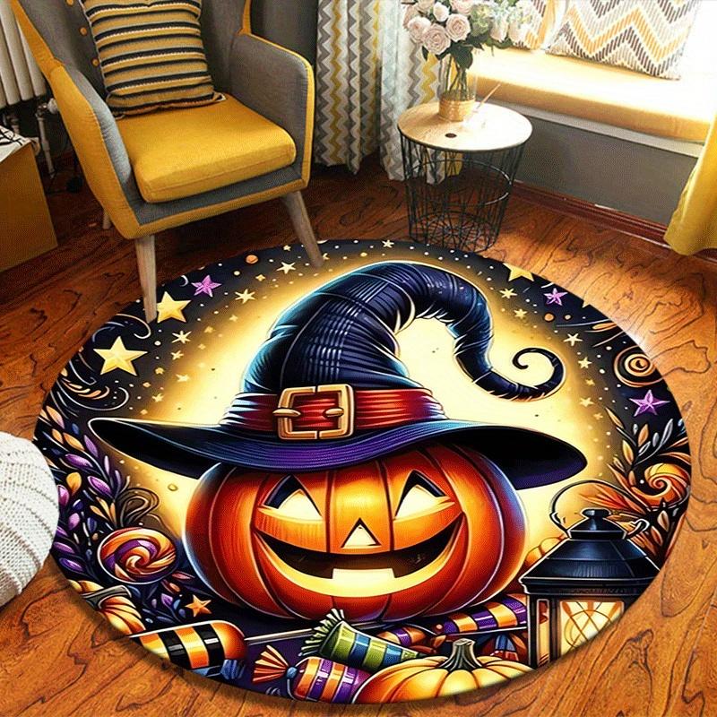 1pc Soft, Absorbent & Non-Slip Halloween Pumpkins and Candies Round Rug, Perfect for Entryway, Living Room, Bedroom Decor, Machine Washable