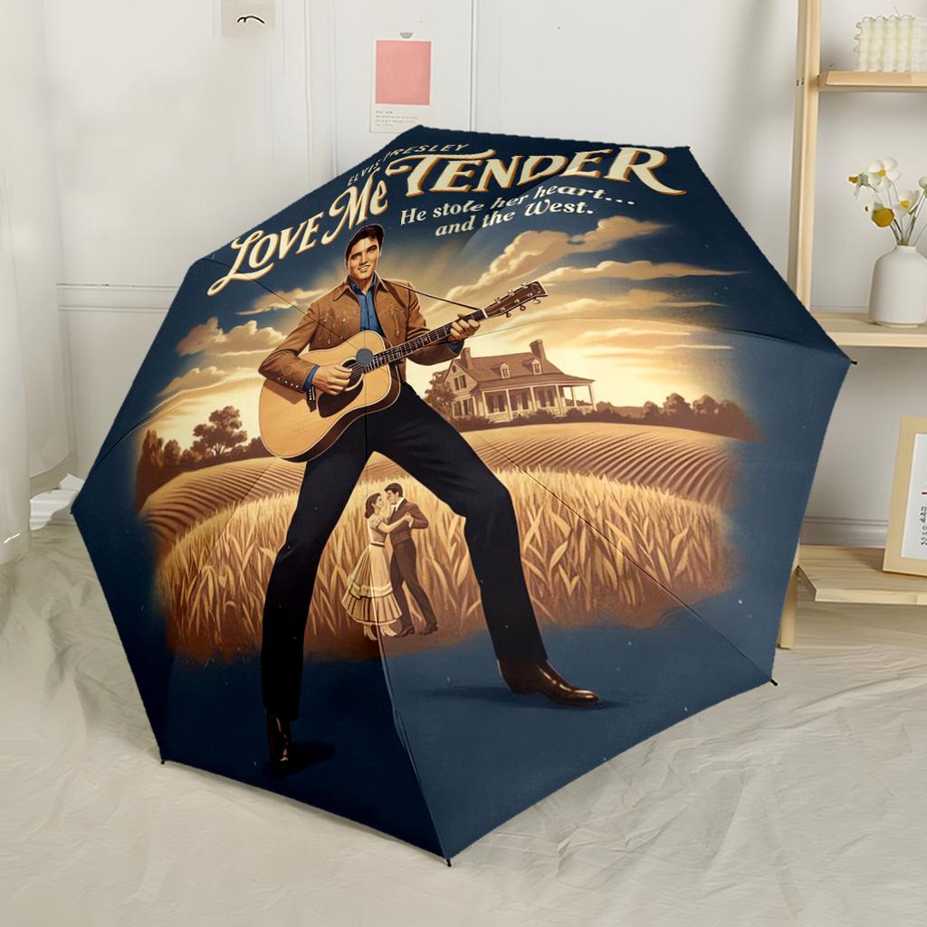 Love Me Tender Elvis' Western Charm Compact Travel Automatic Umbrella with 8 Rib Durable Plastic Iron for Women Men Compact Folding Umbrella