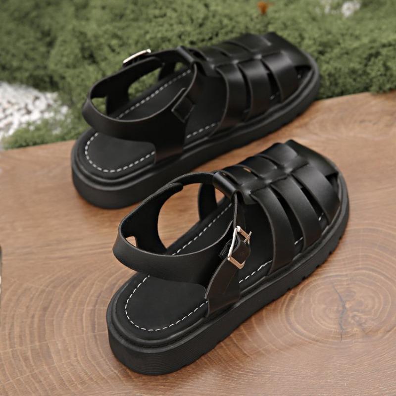 Women Sandals 2025 Summer Toe Buckle Openwork Braided Gears Platform Sandals Female PU Leather Roman Beach Black Hollow Shoes