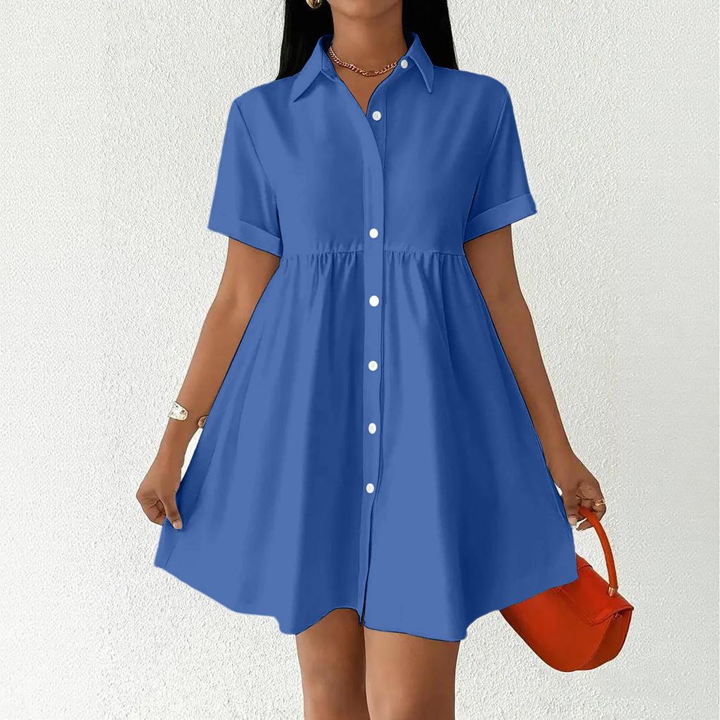 Women Short Sleeve Shirt Dress Button Down Collared Loose Fit Casual Mini Dress with Pockets Summer Style