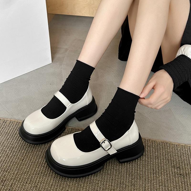 Thick-soled retro round head single shoes women's shallow mouth 2025 new small leather shoes style thick heel college versatile