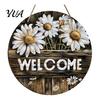 Wall Hanging Ornament for Living Room Wooden Daisy Welcome Sign Front Door, Rustic Farmhouse Decor Floral Art with Hemp Rope, Wood Plaque Home