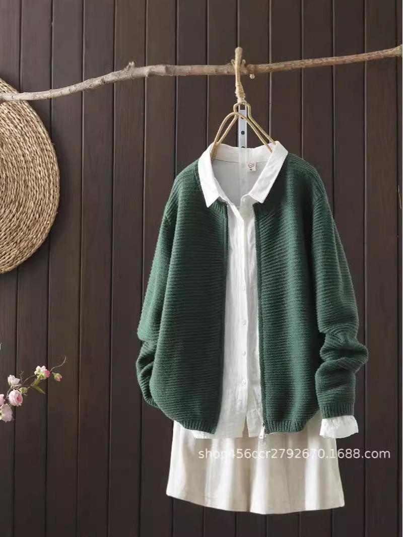 

Жіночий повсякденний в’язаний кардиган із подвійною головкою і блискавкою вільного крою – осінньо-зимовий светр з довгими рукавами One Size темно-зелений колір