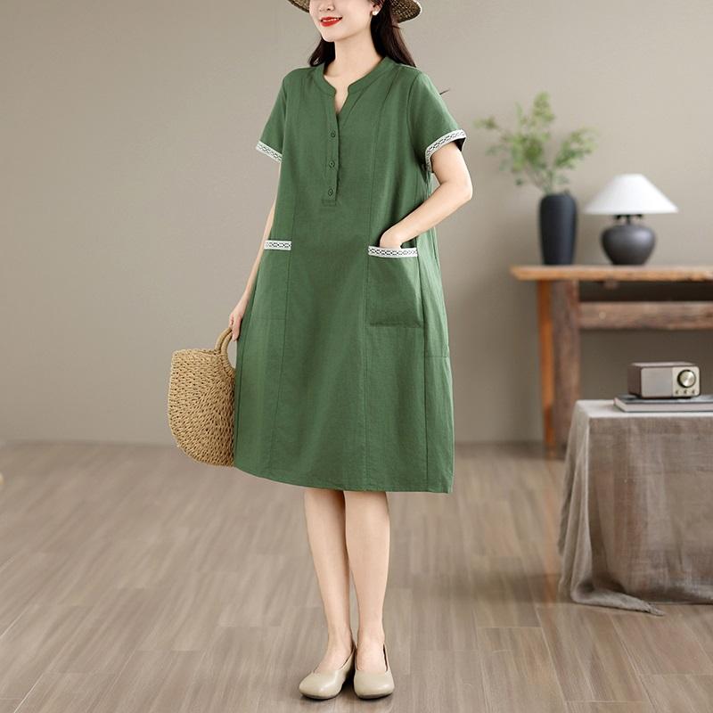 Short Sleeve Plus Size Cotton Linen Vintage New In Dresses for Women Casual Loose Long Summer Dress