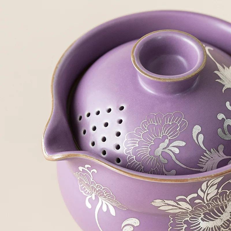 Gilded Silver Peony Wrapped Lotus Gourd Travel Tea Set Purple Ru Kiln Can Raise Ceramic Kuaike Cup Outdoor Camping Tea Gifts