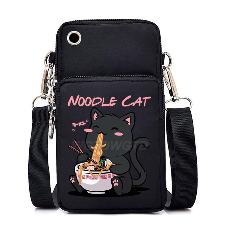 Eating Noodles Kitten Printed Messenger Bag Vertical Change Bag Multi-Function Mobile Phone Bag