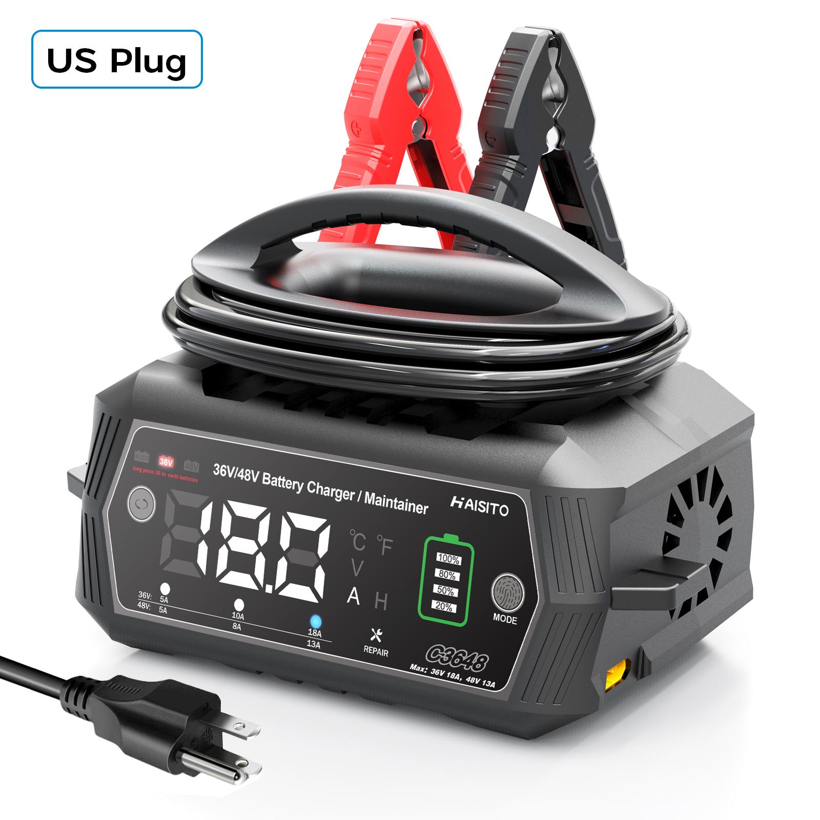 

Зарядное устройство для автомобильного аккумулятора 36 В 48 В для гольф-кара 13 А/18 А для литиевых LiFePO4 свинцово-кислотных аккумуляторов 9-ступенчатое автоматическое зарядное устройство US Plug чёрный