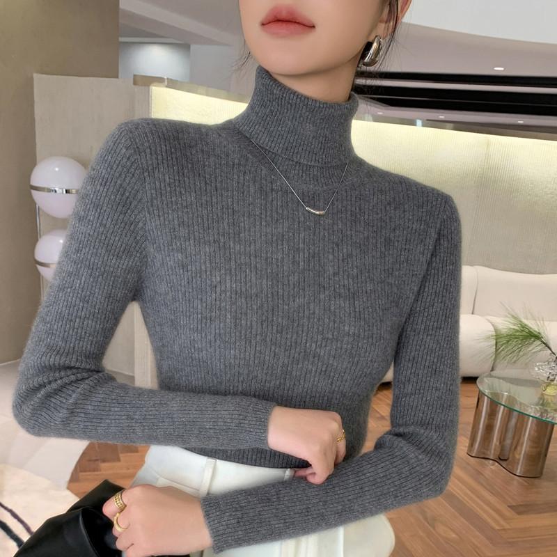 Podzimní a zimní svetr s vysokým límcem pro ženy, úzký pletený svetr s žebrovou vazbou, s těsným pulovrem uvnitř, všestranný hřejivý top s dlouhým rukávem