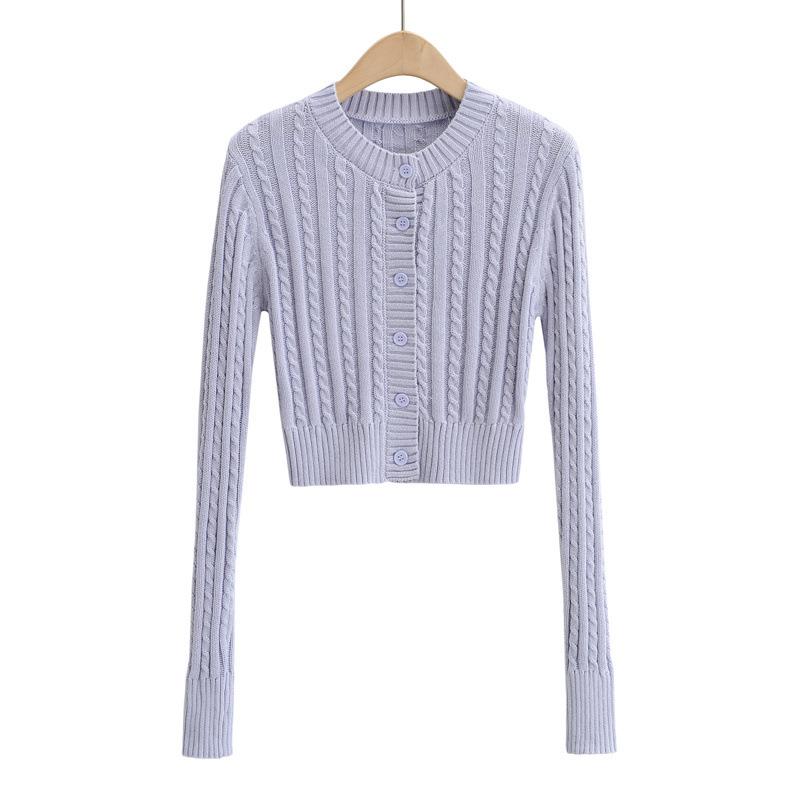 European & American Style Solid Color Cable Knit Cardigan - Round Neck, Single-Breasted, Long Sleeve Top for Women