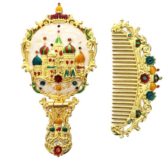 Vintage Folding Hand Mirror with Carved Comb Portable Travel Long Handle Metal Makeup Mirror Women Decorative Handheld Desk Vanity Mirror