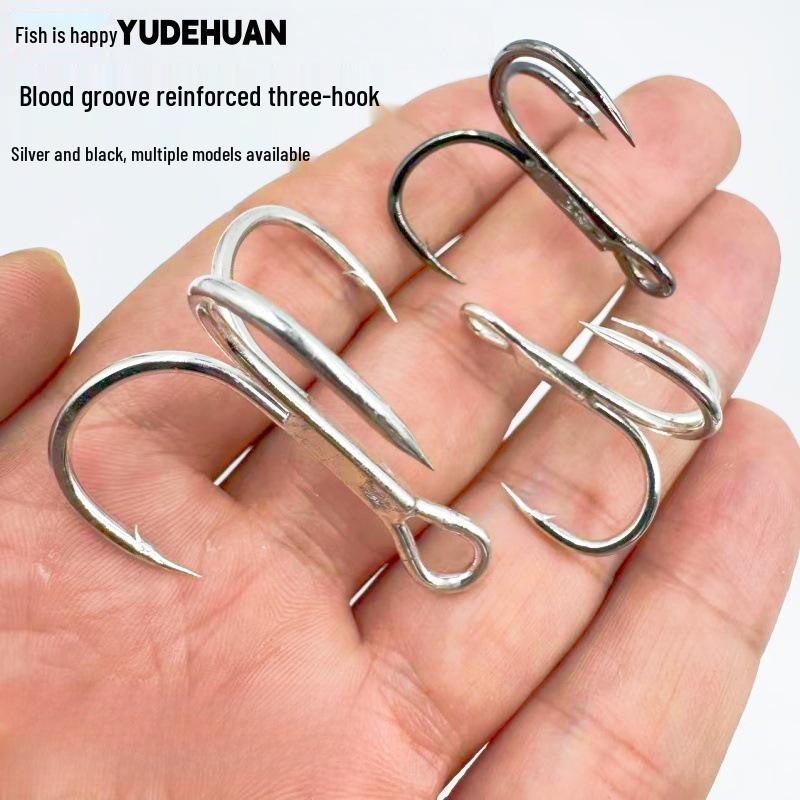 

Reinforced Blood Groove Treble Hook, Rust-Proof Bright Silver with Black Nickel Plate, Three-Anchor Fishing Hook. Size 6