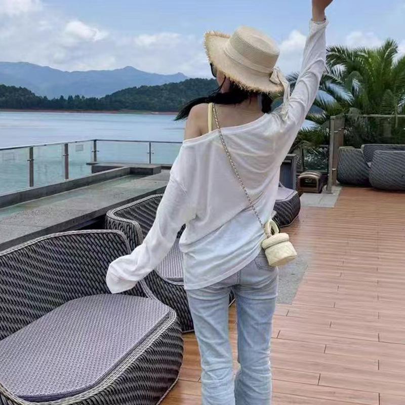 White Long Sleeve Beach Cover-Up Bikini Pullover, One Size, Sun Protection Shirt