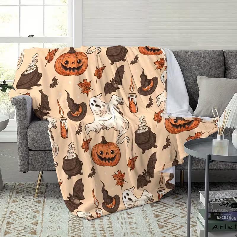 Heavyweight Flannel Throw Blanket - Soft Plush All-Season Warmth, Pumpkin Maple Leaf Patchwork-Like Fall Foliage Print In Orange