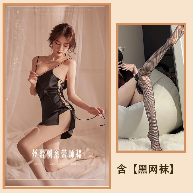 Dusk sexy underwear silky sexy pajamas women's side split-ended lace-up nightdress hot uniform home suit