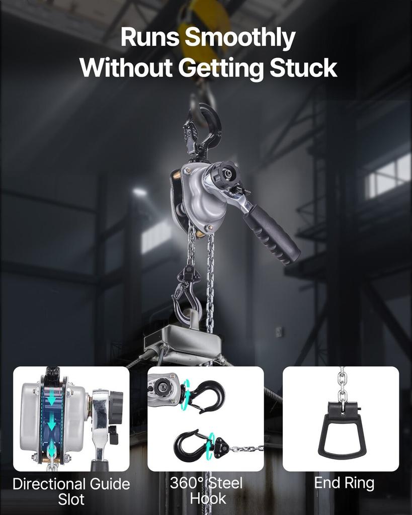 Manual Lever Chain Hoist, 1/4T 250KG Capacity Heavy Duty Come Along, 1.5M Lift G80 Alloy Steel Chain With Dual Pawl Mechanical Brake, 360° Rotating