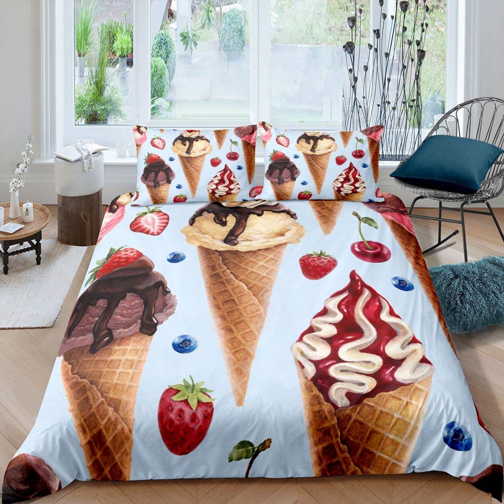Zestaw Poszwy na Kołdrę z Lodami Kolorowy Kreskówkowy Babeczkowy Wiśniowy Cytrynowy Owocowy Zestaw Pościeli Styl Wakacyjny Letni Miękka Poszwa na Kołdrę