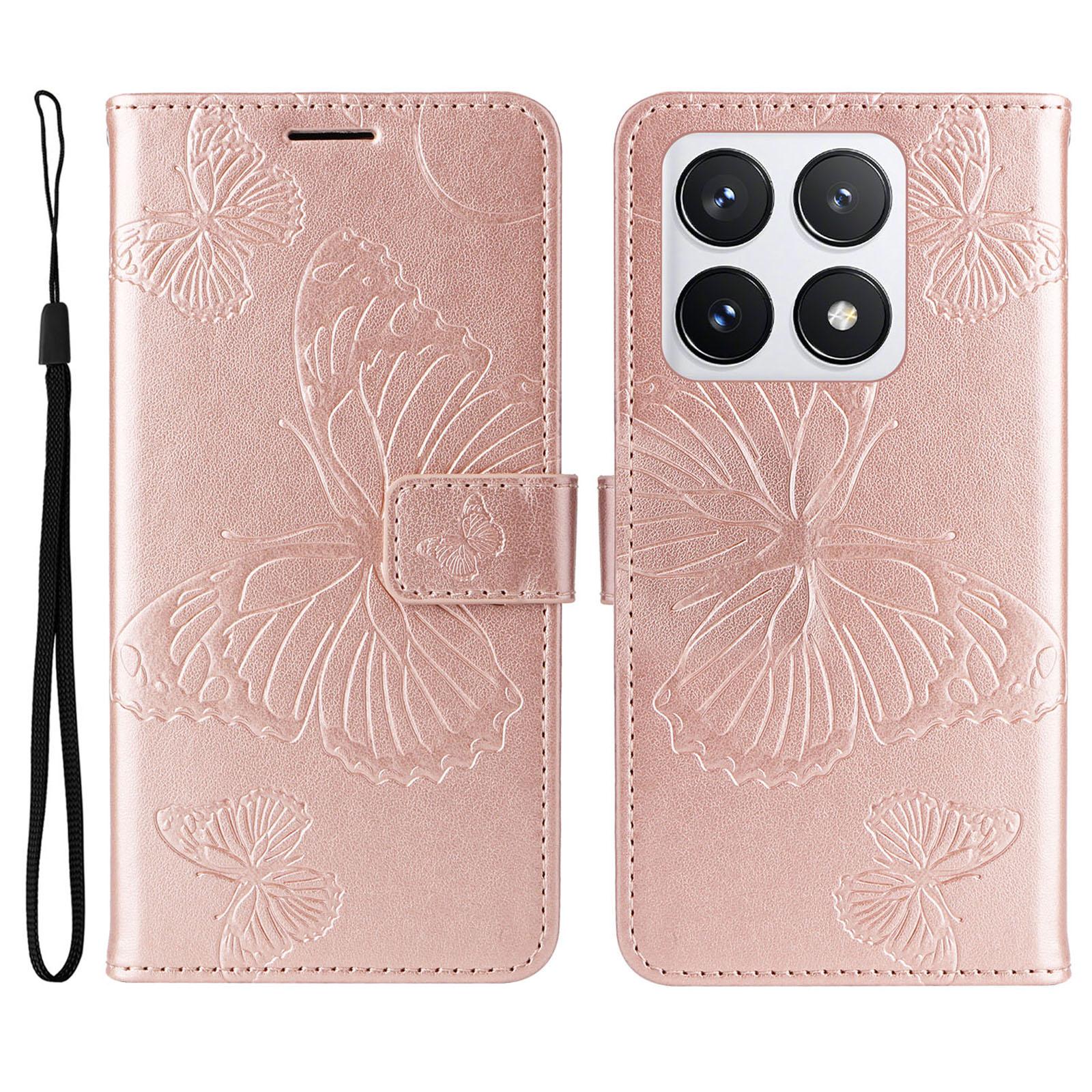 

Для Xiaomi 14T Pro Чохол-гаманець Шкіряний чохол для телефону з квітковим та метеликовим принтом Підставка Rose Gold