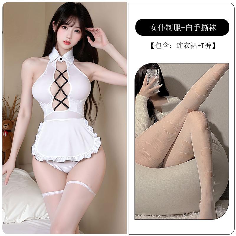 Sexy lingerie sexy sweet beautiful woman servant temptation bare chest buttocks pure desire wind bed without uniform