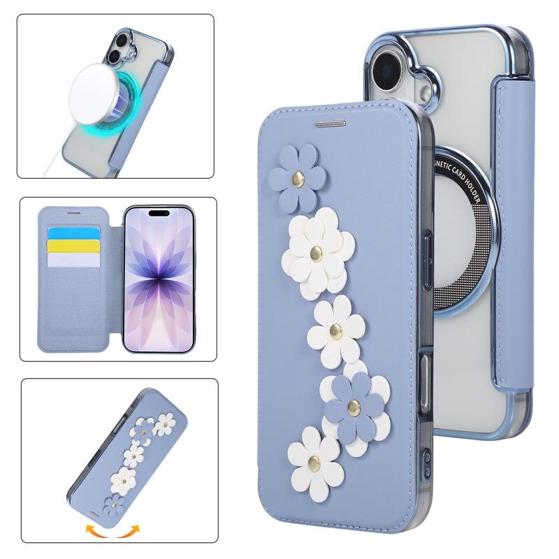 

Apple 17/Samsung S25+ Flower Plating Leather Magnetic TPU Protective Case with Card Slot and Anti-fall Design iPhone 16 E